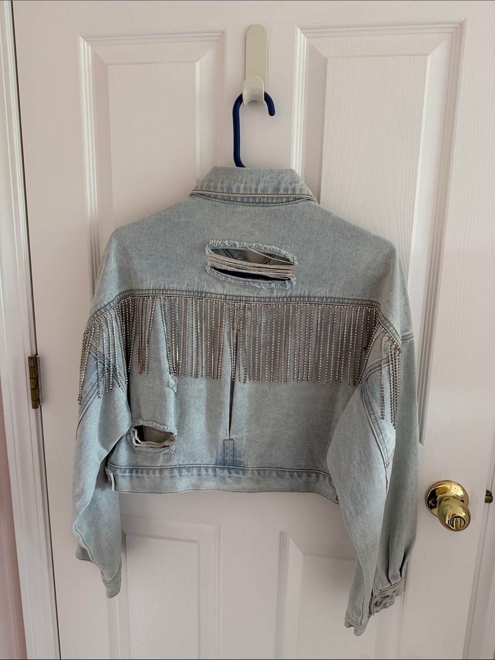 Light Blue Distressed Denim Jacket with Silver Fringe - Women's Jean Jacket
